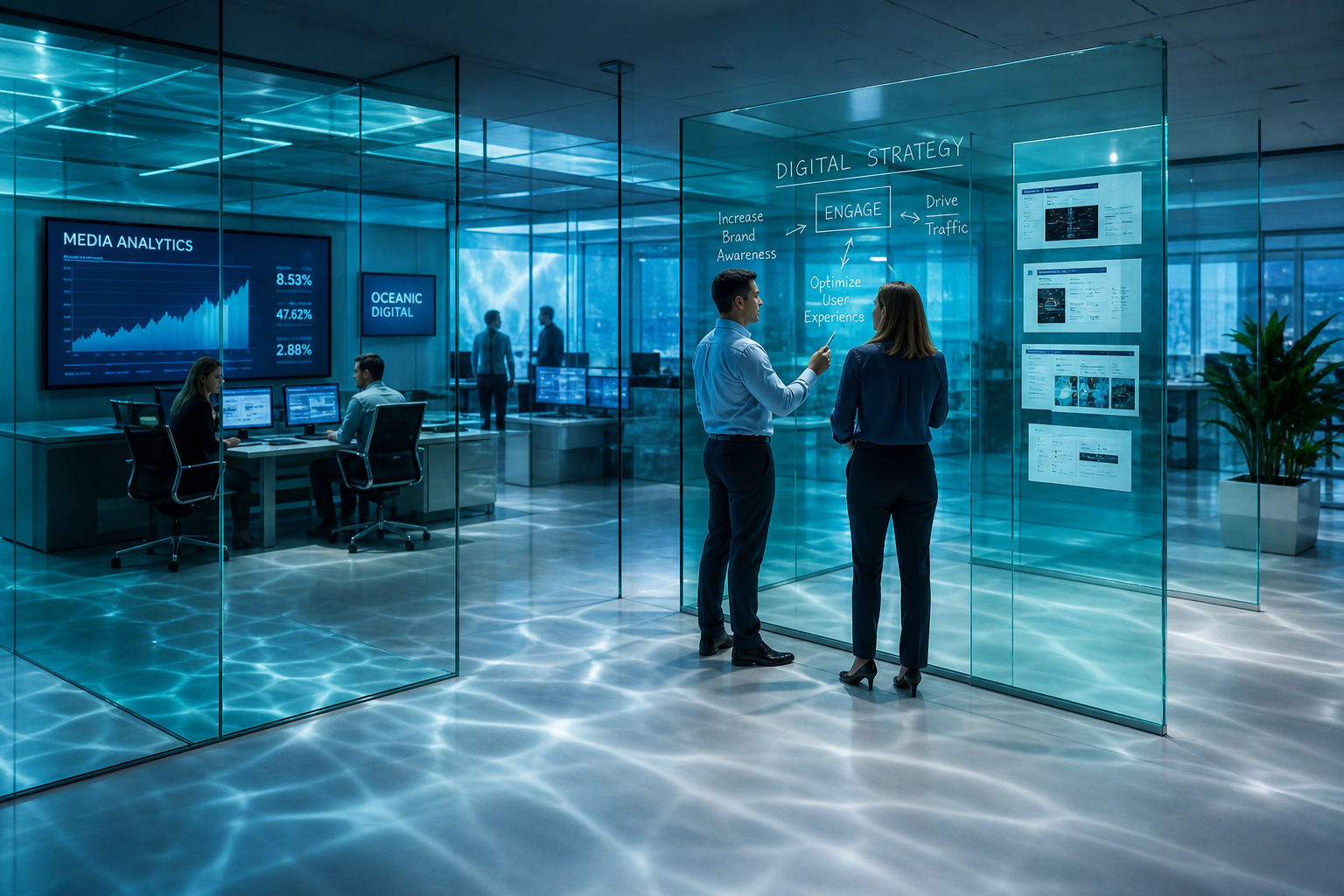 LIVORA DIGITAL team working in glass-panel office environment reviewing digital strategy
