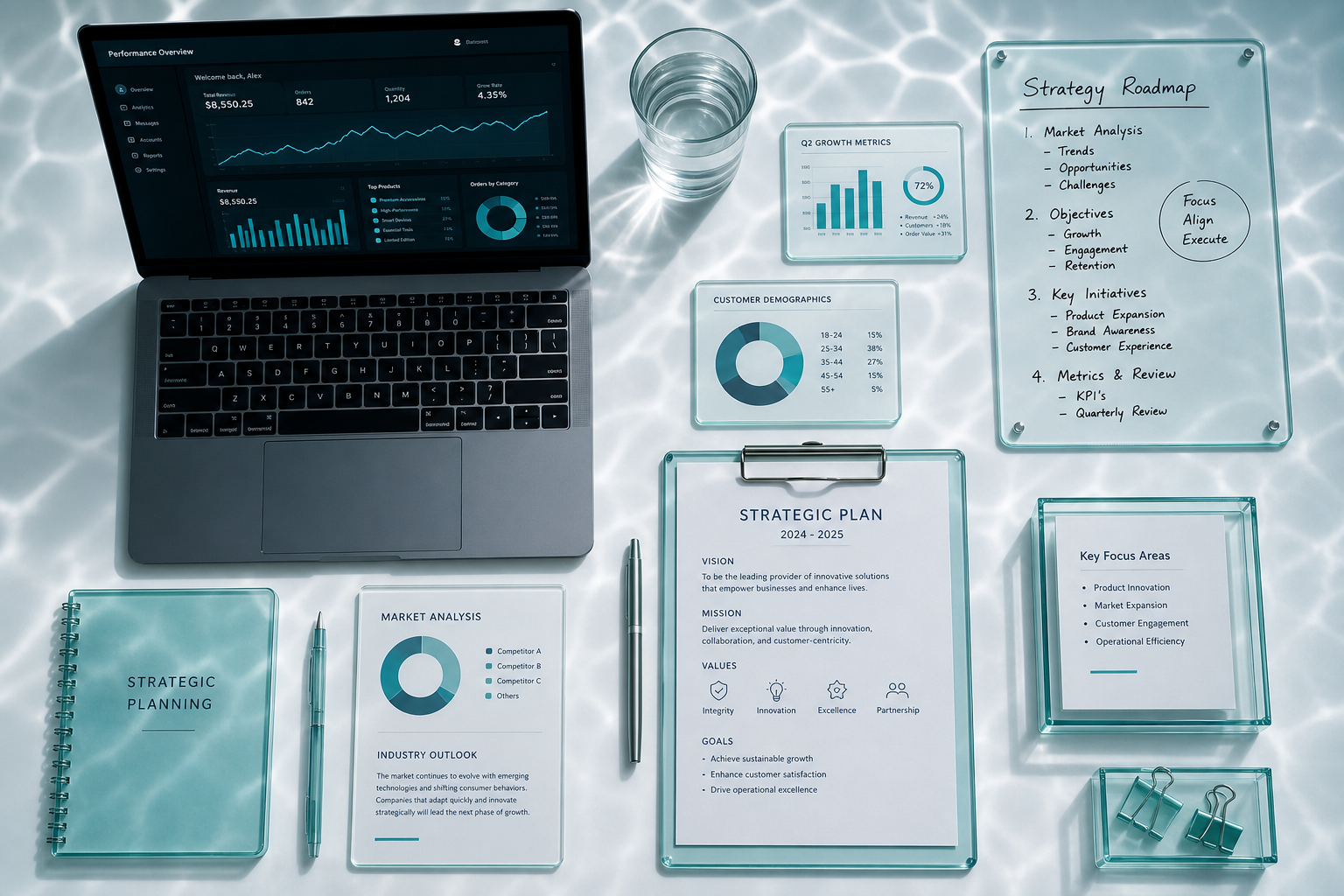 LIVORA DIGITAL balance board with analytics and strategy planning on glass desk